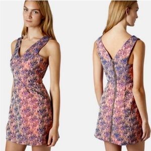 Topshop Metallic Flame Jacquard Shift Pink Mini Dress Size 8 $120